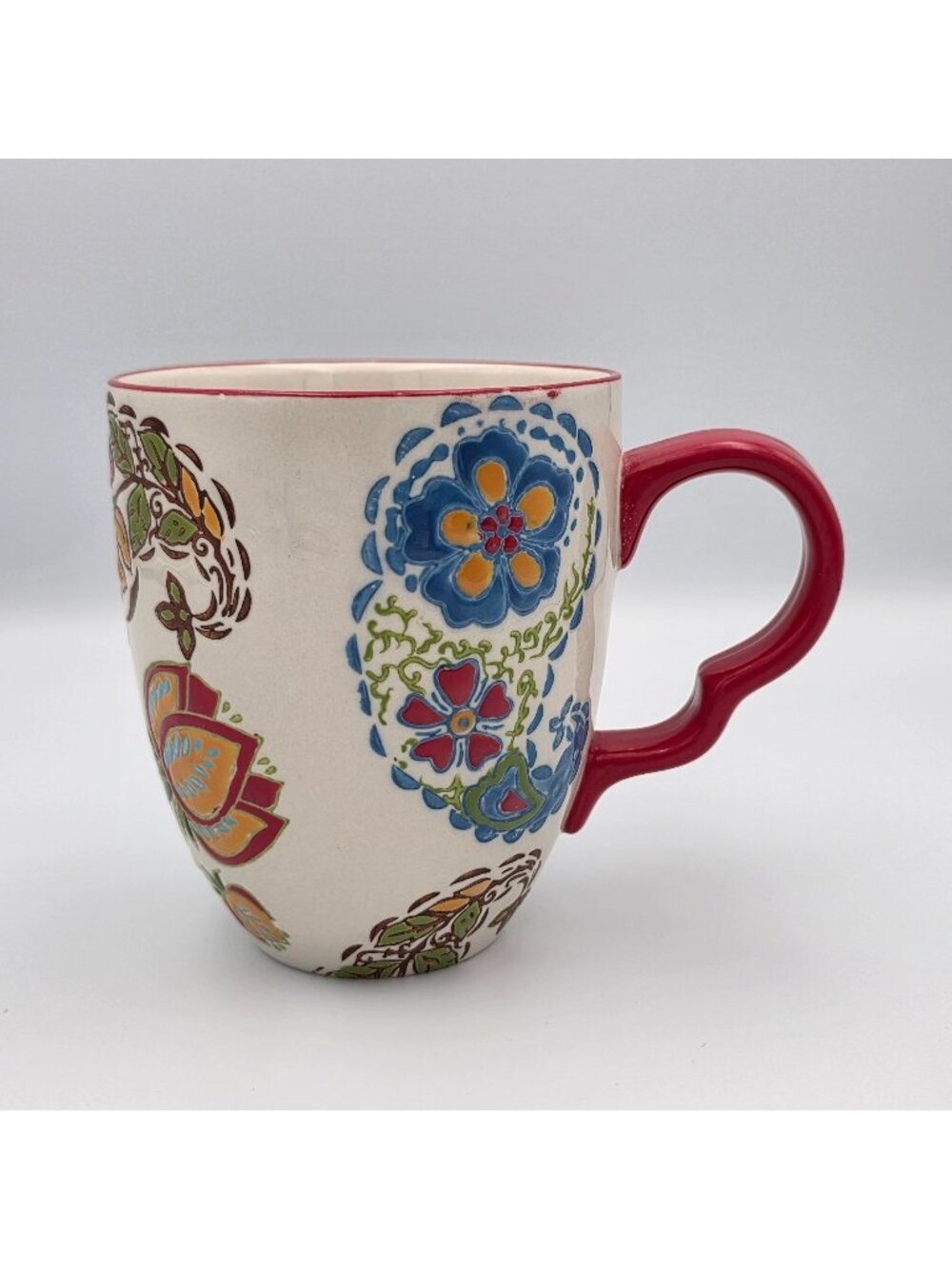 Floral Ceramic Mug With Red Handle Bright Multi-Color Design - 16 Oz Capacity